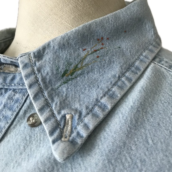 Denim Shirt Hand Painted MAJOR MARKDOWN Soft, Colorful Floral & Dragonflies L - Picture 8 of 11